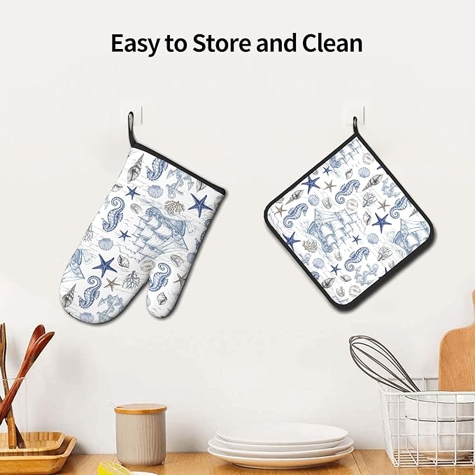 Navy Blue Oven Mitts and Pot Holders Sets Summer Beach Starfish Seashell Oven Glove Hot Pads for Kitchen Nautical Chef Gifts for Cooking Lover Cooks - Image 6