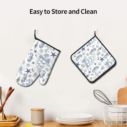Navy Blue Oven Mitts and Pot Holders Sets Summer Beach Starfish Seashell Oven Glove Hot Pads for Kitchen Nautical Chef Gifts for Cooking Lover Cooks - Image 6