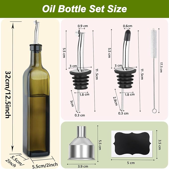 Green Olive Oil Dispenser Bottle - 17oz/500ml Glass Oil and Vinegar Bottles Set for Kitchen, Oil Dispenser with 2 Stainless Steel Pourers, Funnel and Brush - Image 2