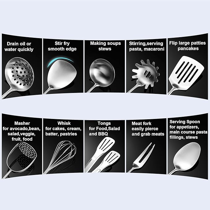 Stainless Steel Kitchen Utensils 12 Pcs, Small Cooking Utensils Set,Spatulas,Ladle,Skimmer,Tunners,Serving Spoon,Spaghetti Spoon,Fork,Potato Masher,Egg Whisk,Tongs,Dishwasher Safe - Image 7