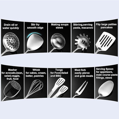 Stainless Steel Kitchen Utensils 12 Pcs, Small Cooking Utensils Set,Spatulas,Ladle,Skimmer,Tunners,Serving Spoon,Spaghetti Spoon,Fork,Potato Masher,Egg Whisk,Tongs,Dishwasher Safe - Image 7