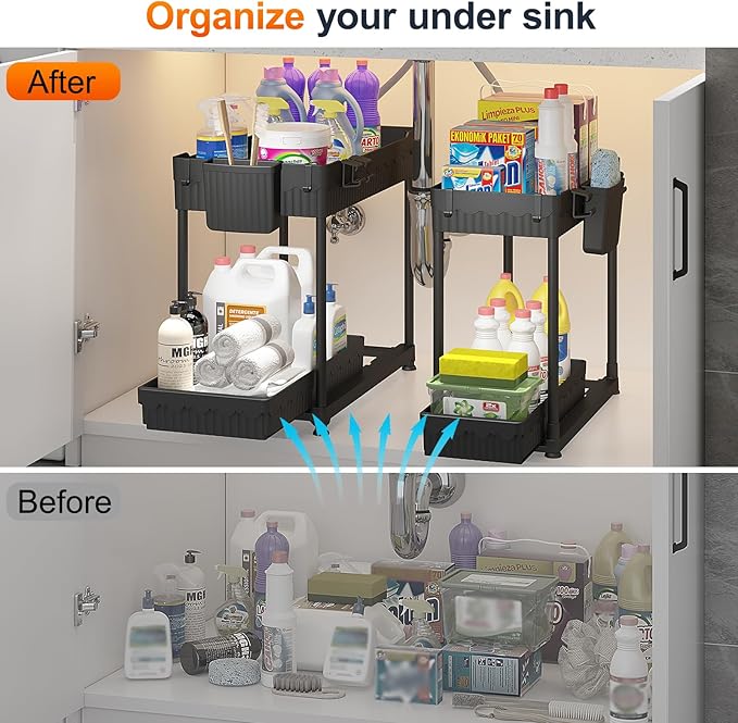 Sevenblue 4 Pack Under Sink Organizer, Bathroom Organizers and Storage, 2 Tier Multi-Use Pull Out Cabinet Organizer with Hang Hooks and Cups (Black, 4 Pack) - Image 3