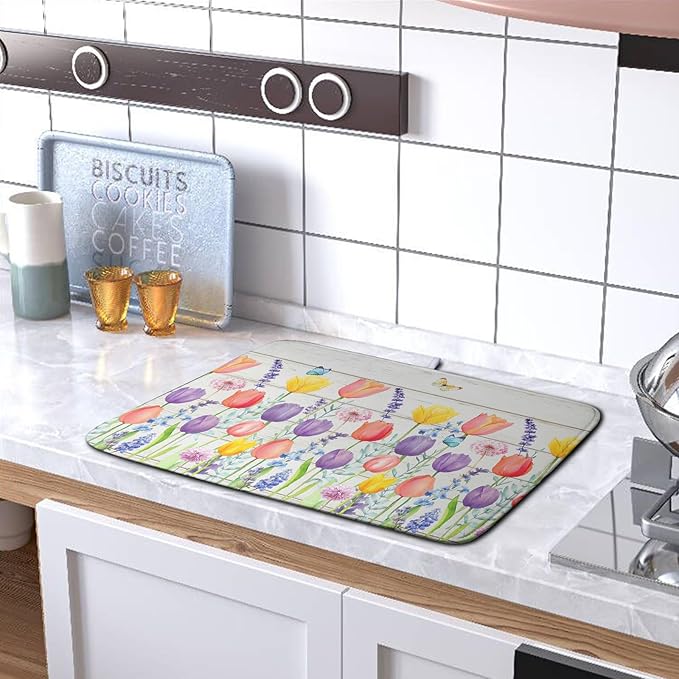 Tulip Floral Dish Drying Mat for Kitchen Counter Watercolor Spring Flower Dish Mat Absorbent Microfiber Dish Draining Mat Reversible Heat Resistant Dishes Pad Large 18 x 24 Inch - Image 5