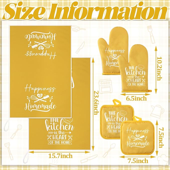 Sratte 6 Pcs Kitchen Decor Accessories Set Farmhouse Towels Pot Holders Oven Mitts Set 2 Dish Towels 2 Potholders 2 Cooking Mittens Oven Glove for Christmas Baking Cooking Supply(Yellow,Kitchen) - Image 4