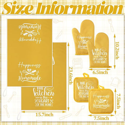 Sratte 6 Pcs Kitchen Decor Accessories Set Farmhouse Towels Pot Holders Oven Mitts Set 2 Dish Towels 2 Potholders 2 Cooking Mittens Oven Glove for Christmas Baking Cooking Supply(Yellow,Kitchen) - Image 4
