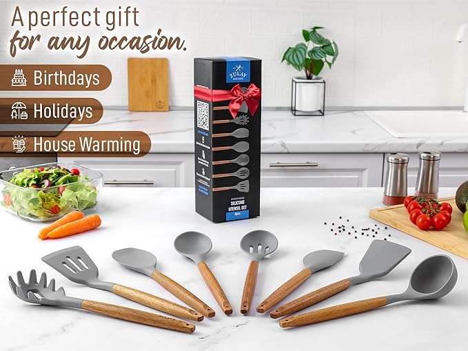 Zulay Kitchen Utensils Set Non-Stick Silicone Cooking Utensils Set with Authentic Acacia Wood Handles - 8 Piece Set - Silicone Kitchen Utensils Set with 464°F Heat Resistance - Gray - Image 4