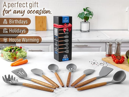 Zulay Kitchen Utensils Set Non-Stick Silicone Cooking Utensils Set with Authentic Acacia Wood Handles - 8 Piece Set - Silicone Kitchen Utensils Set with 464°F Heat Resistance - Gray - Image 4