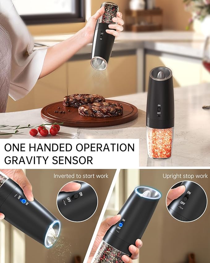 CIRCLE JOY Gravity Electric Pepper Grinder Rechargeable Salt Grinder Pepper Griner Mill Electric with LED Light, No Battery Needed, Adjustable Coarseness, Washable 135ml Container, Black - Image 4