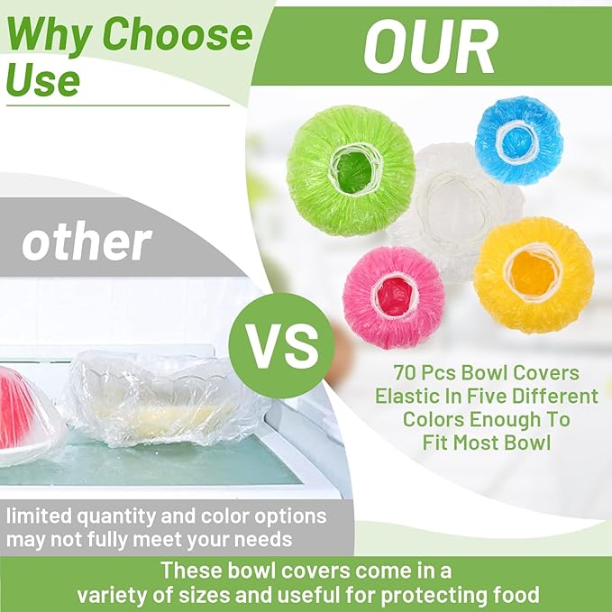 70 Pcs Bowl Covers, 5 Size Plastic Food Covers with Elastic, Colors Bowl Reusable, Alternative to Foil, Fresh Keeping, Disposable Dish wraps for Food Storage, Bread Proofing and Bugs Prevention - Image 2