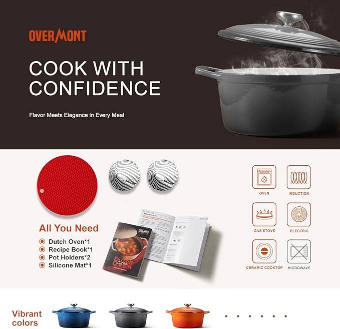 Overmont Enameled Cast Iron Dutch Oven - 5.5QT Pot with Lid Cookbook & Cotton Potholders - Heavy-Duty Cookware for Braising, Stews, Roasting, Sourdough Baking Grey - Image 6