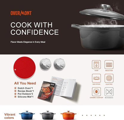 Overmont Enameled Cast Iron Dutch Oven - 5.5QT Pot with Lid Cookbook & Cotton Potholders - Heavy-Duty Cookware for Braising, Stews, Roasting, Sourdough Baking Grey - Image 6