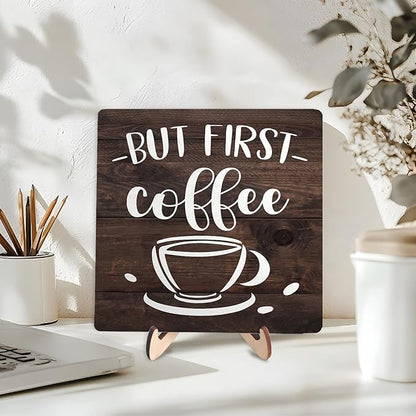 Vintage Coffee Bar Wooden Plaque Desk Sign, Farmhouse Wood Plaque Tabletop Decor for Cafe Bar Kitchen Office,Coffee Station Accessories 5.9x5.9Inch - Image 3