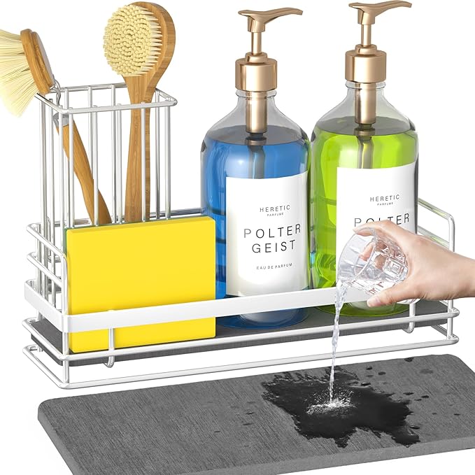 Yofidra Sink Caddy with Stone Drying Tray: Stainless Steel Soap Dispenser Kitchen Sink Organizer Set, Sponge Holder Counter Accessories Decor for Kitchen Organizers and Storage 8.1x3.5x4.5 in White by Yofidra