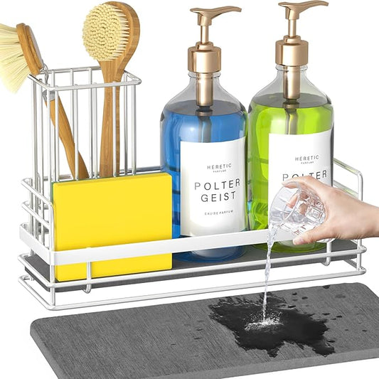 Yofidra Sink Caddy with Stone Drying Tray: Stainless Steel Soap Dispenser Kitchen Sink Organizer Set, Sponge Holder Counter Accessories Decor for Kitchen Organizers and Storage 8.1x3.5x4.5 in White by Yofidra