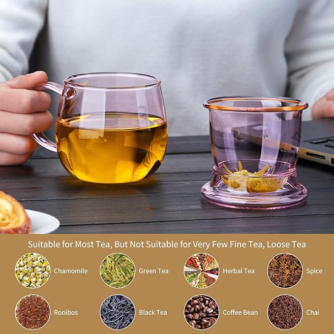 DOPUDO 11oz Pink Glass Tea Cup with Infuser and Lid– Versatile and Elegant Gift for Women, Perfect for Loose Leaf Tea and Other Beverages. - Image 6