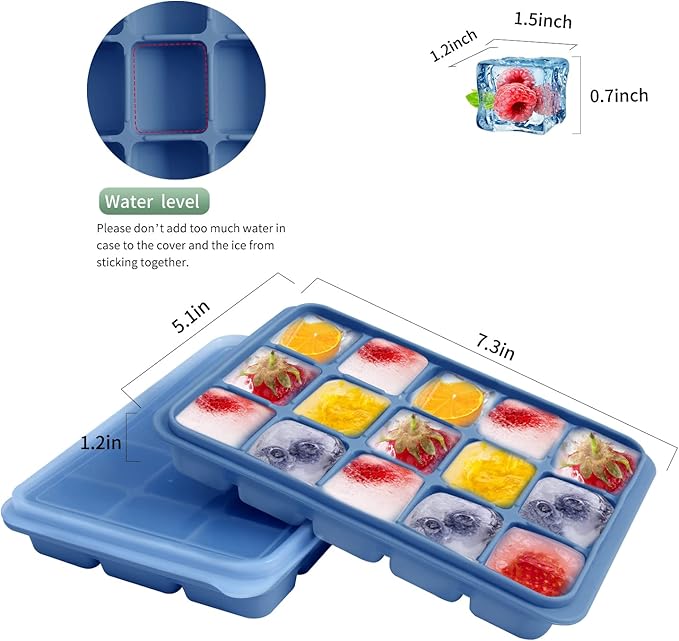 Ice Cube Trays Set of 2, Easy Release 15 Flexible Silicone Ice Cube Molds with Removable Lid Reusable Freezer Ice Trays Stackable for Whiskey, Baby Food, BPA Free (BLUE) - Image 2