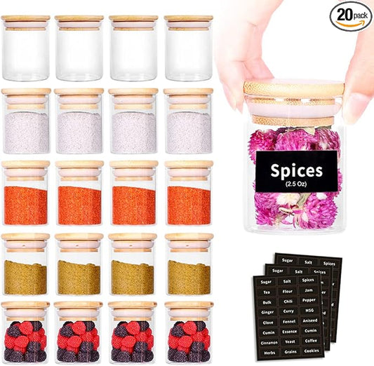 SAIOOL 20 Pack - 2.5 FL OZ (73ml) Mini Spice Jars with Wood Lid, Easy to Clean-BPA Free & Dishwasher Safe -Try filling with Spices, Herbs,Beans, Gifts, Wedding Party Favors, DIY and more