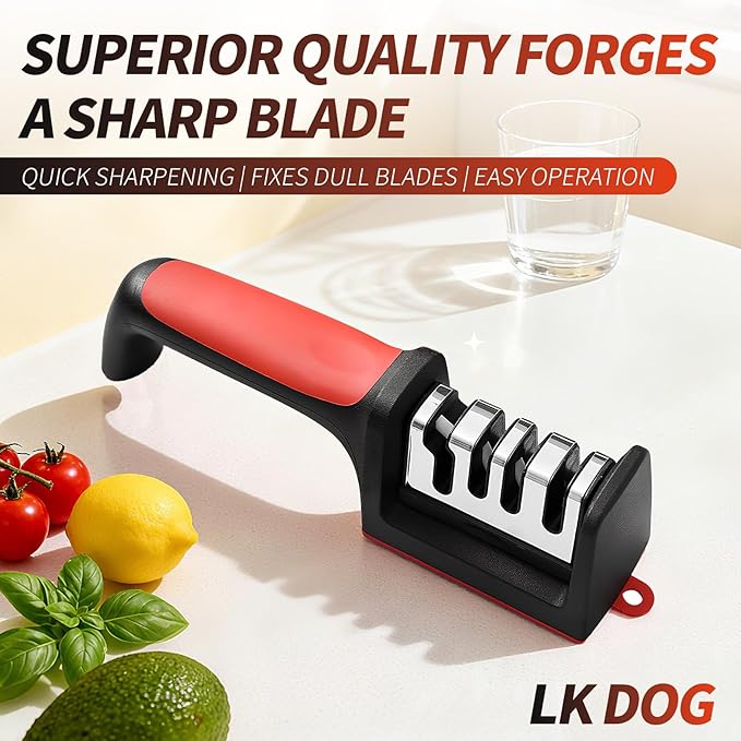 4-in-1 Kitchen Knife Sharpener, Professional Grade with Tungsten Steel and Ceramic Slots, Scissor Sharpening, Black/Red - Image 9