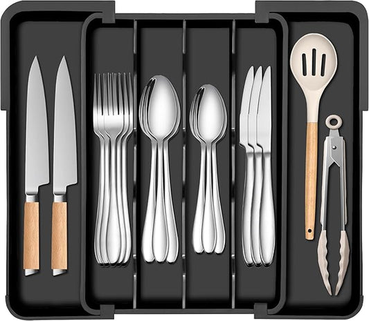 Spaclear Kitchen Silverware Organizer for Drawer - Expandable Silverware Drawer Organizer Adjustable Utensil Drawer Holder, Flatware Cutlery Tray for Spoons Forks Kitchen Organizers Storage,Black, S
