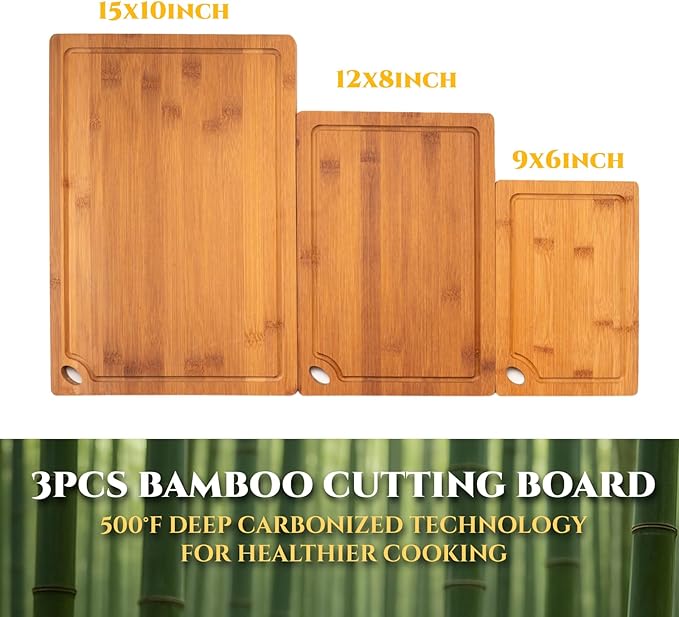 Bamboo Cutting Board 3-Piece Set with Juice Grooves – Non-Slip Wooden Chopping Boards for Kitchen & Housewarming Gfit, Multi-Size Serving Tray for Meat, Vegetables, Fruits - Image 8