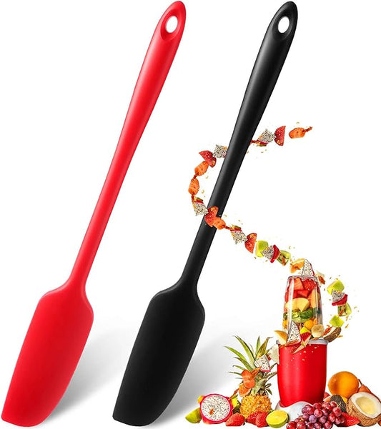 Patelai 2 Pieces Silicone Jar Spatula Long Handle Non-stick Rubber Scraper Heat Resistant Spatula Silicone Scraper for Jars, Smoothies, Blenders Cooking Baking Stirring Mixing Tools (Red,Black)
