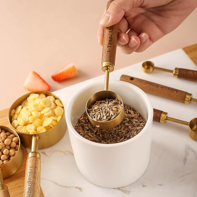 8Pcs Measuring Cups and Spoons Set - Golden Stainless Steel Measuring Cups with Wooden Handle, Metal Measuring Spoons Set Nesting Kitchen Measure Set for Kitchen/Food/Baking (8Pcs Wooden Handle) - Image 6