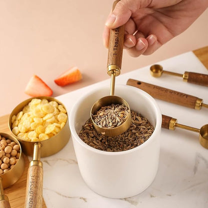 8Pcs Measuring Cups and Spoons Set - Golden Stainless Steel Measuring Cups with Wooden Handle, Metal Measuring Spoons Set Nesting Kitchen Measure Set for Kitchen/Food/Baking (8Pcs Wooden Handle) - Image 6