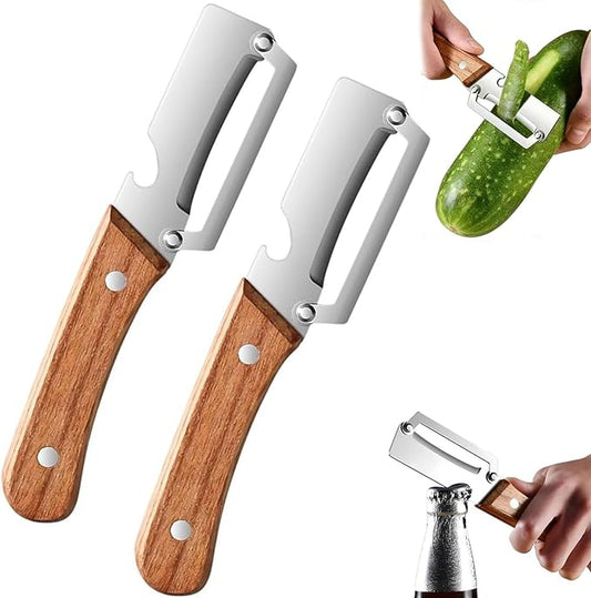 2 Pack 2 in 1 Multifunctional Vegetable Peeler, Sharp Stainless Steel Blade, Wooden Handle & Bottle Opener, Non-Slip Ergonomic Tool for Potato, Apple, Carrot, Pumpkin, Pineapple, Papaya, Zucchini by Unknown