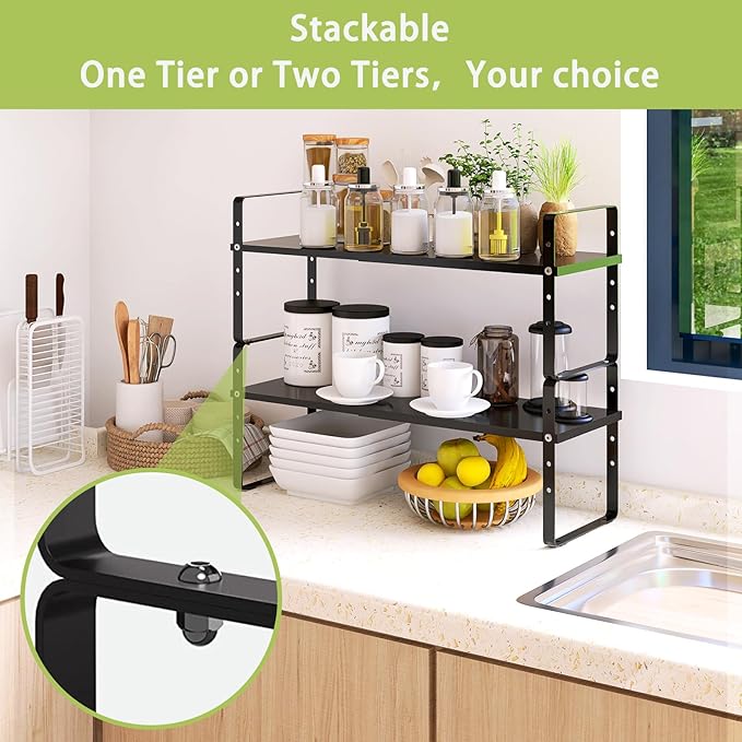 Across-Star Expandable Cabinet Shelf Organizer Rack, Stackable Kitchen Countertop Organizer Storage Shelves, Adjustable Height Pantry Counter Shelf Riser Spice Rack (Black, 2 Pack) - Image 4