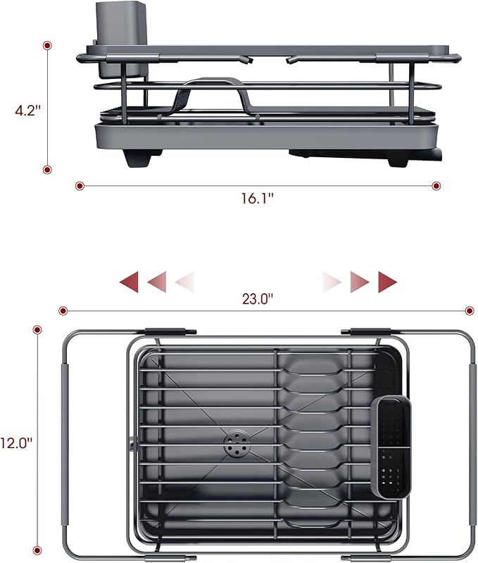 Sakugi Extendable Dish Drying Rack Over Sink with Dish Drainer, Sink Organization and Storage Essentials with Silverware & Utensil Holder, Home and Apartment Decor, 12" W x 16.1~23" L, Gray - Image 3