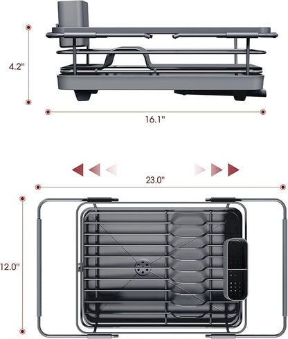 Sakugi Extendable Dish Drying Rack Over Sink with Dish Drainer, Sink Organization and Storage Essentials with Silverware & Utensil Holder, Home and Apartment Decor, 12" W x 16.1~23" L, Gray - Image 3