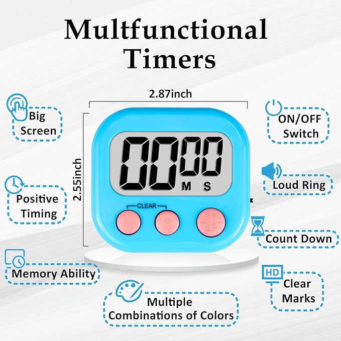 ZILLEEN Classroom Timers for Kids Classroom Magnetic Digital Kitchen Timers for Cooking Teachers Gym Game 6 Pcs Blue Green Pink Purple Yellow Orange - Image 6