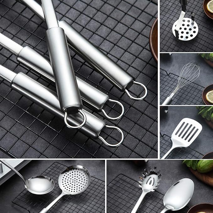 Berglander Cooking Utensil Set 13 Piece Stainless Steel Kitchen Tool Set with Holder, Include Cooking Spoon, Spatula, Whisk, Cooking Tong and etc. (13 Pieces) - Image 4