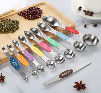 Magnetic Measuring Spoons Set of 9 Dual Sided Stainless Steel Measuring Spoons Stackable Nesting Tablespoon Teaspoon, Fits in Spice Jars, for Dry or Liquid Ingredients