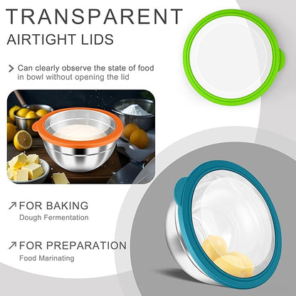 HaWare Mixing Bowls with Airtight Clear Lids, 6-Piece Stainless Steel Strong Nesting Bowls Set, Metal Salad Bowl for Cooking, Prepping, Baking, Serving & Food Storage, Size 4.6, 3, 1.5QT, Colorful - Image 3