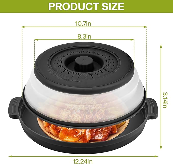 Microwave Splatter Cover for Food with Anti-scald Base Plate,Large Plastic & Silicone Vented Avoid Scalding Collapsible Guard Lid,Kitchen Essential Gadgets for Meal Prep-10.7 Inch (Black) - Image 6