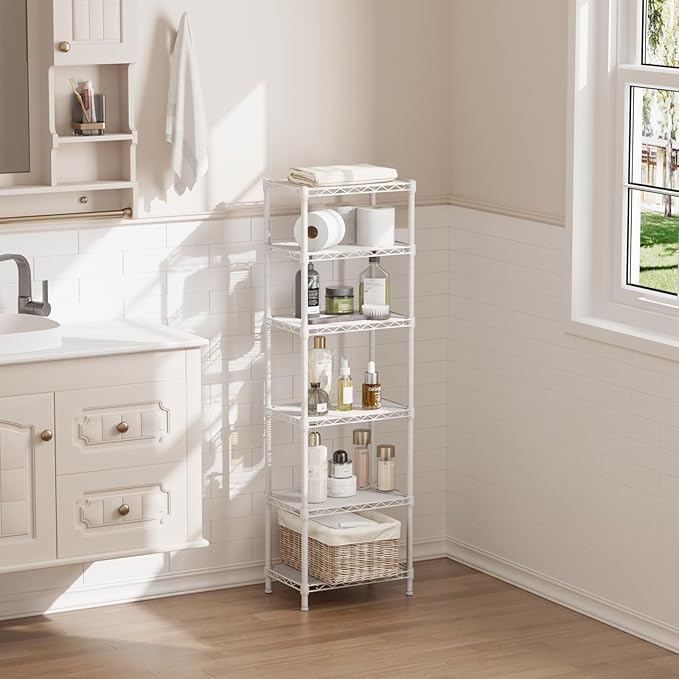 SINGAYE 6 Shelves Storage Shelf Wire Closet Bathroom Organizers Metal Pantry Kitchen Small Garage Shelving Unit Laundry Room Organization Home Corner Rack Estantes para Cocina White 10" Dx16 Wx60”H - Image 9