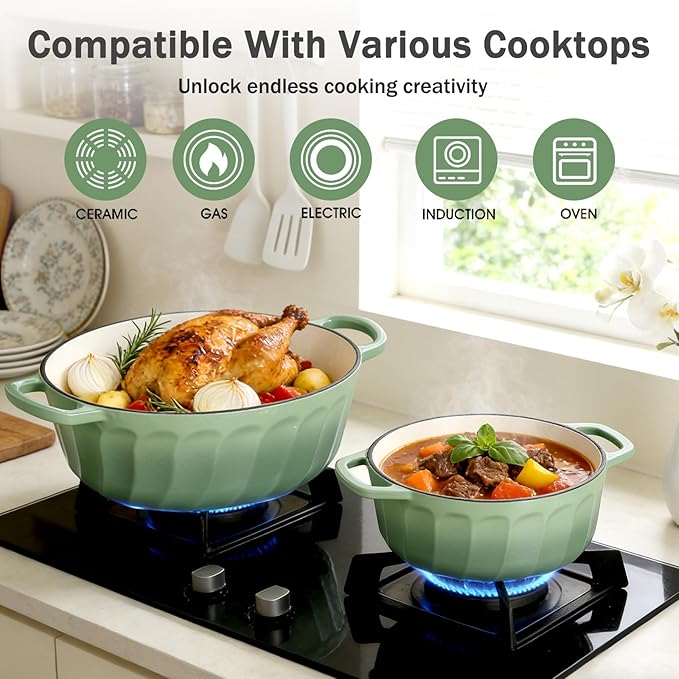 Enameled Cast Iron Dutch Oven with Lid, 3 QT Dutch Oven Pot for Bread Baking, Heavy Duty Cast Iron Pot for Braising, Cook, Bake, Refrigerate Safe across All Cooktops (Pistachio Green,3 QT)