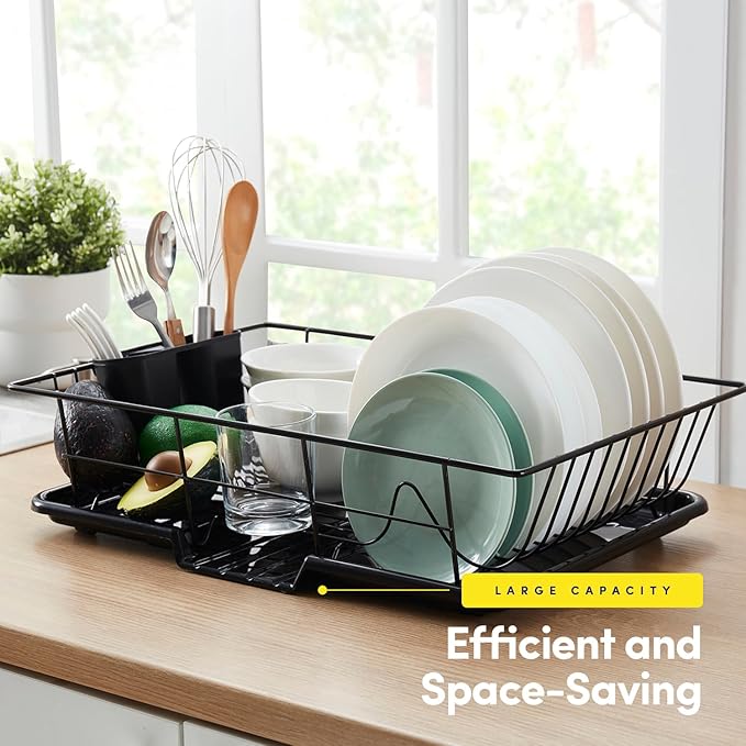 Space-Saving 3-Piece Dish Drainer Rack Set with Cutlery Holder - Maximize Countertop Space, Black - Image 3
