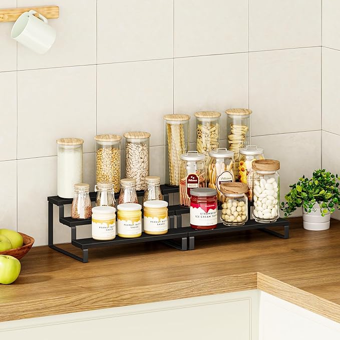 Giikin 3 Tier Spice Rack, Set of 2 Wooden Spice Rack for Countertop, Cabinet Organizer Shelf Kitchen Counter Storage Shelves Cupcake Stand Holder Display Stand, Black - Image 2