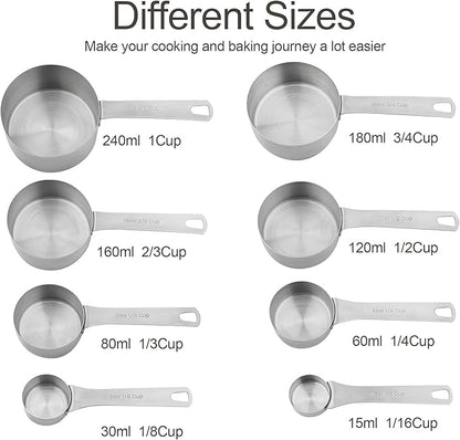 Measuring Cup Set of 8, 18/8 Stainless Steel Measuring Cups for Kitchen & Baking, Heavy Duty Metric & US Measure Cups Set with 2/3 Cup & 3/4 Cup Meaure Cups