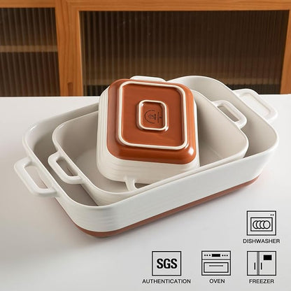 Sweejar Relief Casserole Dishes for Oven, Ceramic 9x13 Baking Pans Set for Cooking, Cake, Banquet and Daily Use, Rectangular Bakeware Set, Porcelain Baking Dish, Lasagna Pan Deep with Handles(Color Blocking) - Image 3
