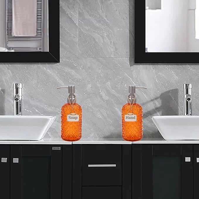 16 oz Diamond Pattern Glass Soap Dispenser, Kitchen and Bathroom Refillable Soap Dispenser with Rust Resistant Stainless Steel Pump for Hand Soap, Lotion Glass Liquid Dispenser (2pack) - Image 2