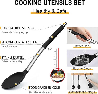 Silicone Cooking Utensils Set, E-far 14-Piece Black Kitchen Utensils Set with Holder, Kitchen Tools Spatulas with Stainless Steel Handle for Non-stick Cookware, Heat Resistant & Dishwasher safe - Image 5