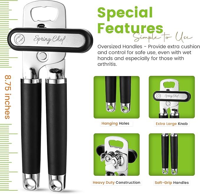 Spring Chef Stainless Steel Can Opener - Manual with Soft Grip Handles, Easy Turn, Heavy Duty Hand Can Openers for Seniors with Smooth Edge - Magnetic Lid Remover - Black - Image 3