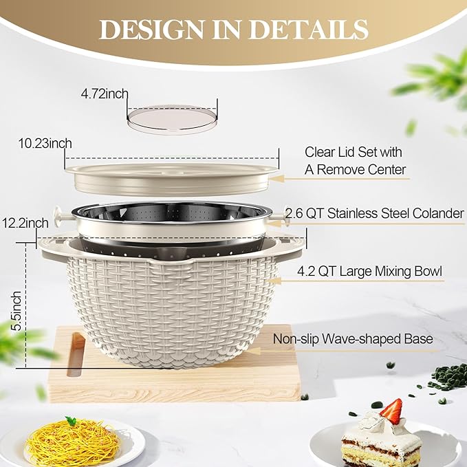 4-1 Colander with Bowl Set - Rotatable Colander for Kitchen (Patented), Upgraded Graters Food Strainers for Pasta Fruits and Vegetables, Funny Presents for Women, Aesthetic Kitchen Gadget - Beige - Image 8