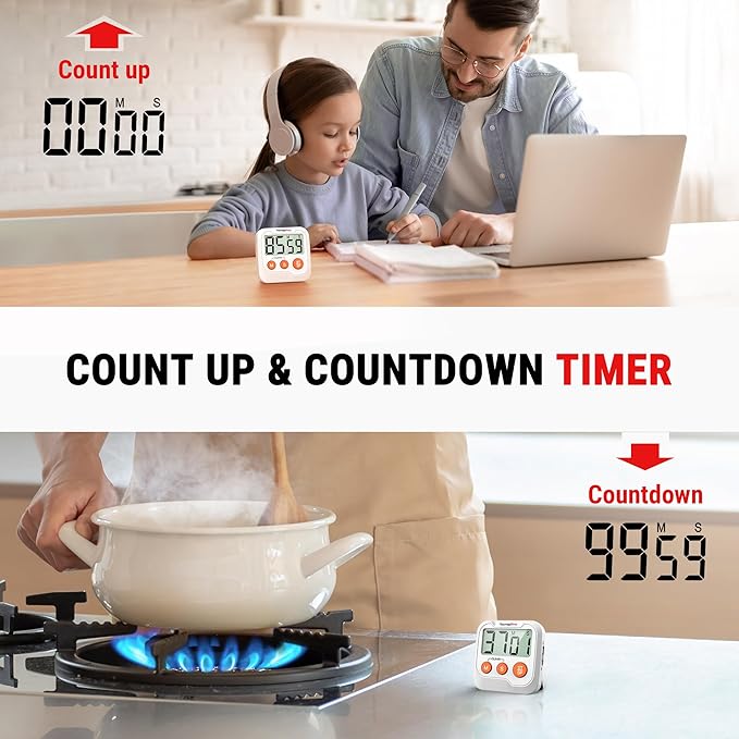 TempPro TM03 Digital Timer for Kids & Teachers, Kitchen Timers for Cooking with 2 Alarm Volume, Countdown Timer Stopwatch for Classroom Supplies, Exercise, Baking, Work, 2-Pack (Previously ThermoPro) - Image 5