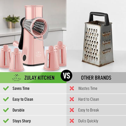 Zulay Kitchen Rotary Cheese Grater 5 Blade Cheese Shredder - Manual Hand Crank Cheese Grater With Reinforced Suction & 5 Interchangeable Drums - Easy to Use, Vegetable Chopper Round Mandoline Slicer - Image 2