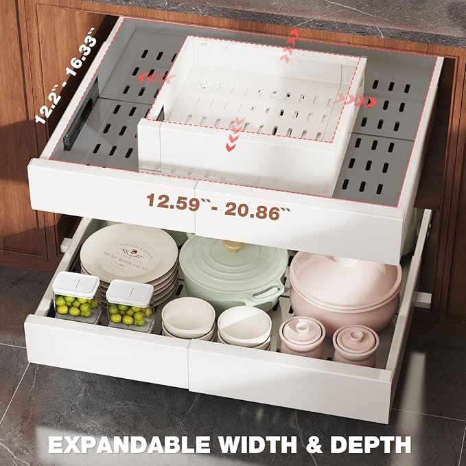 Seinloes 2 Pack Pull Out Cabinet Organizer Expandable Width(13"-21") and Depth(13"-17"),Slide Out Drawers With Raising Pad for Framed Cabinets,No Drill Roll Out Shelves for kitchen,Bathroom,White - Image 3