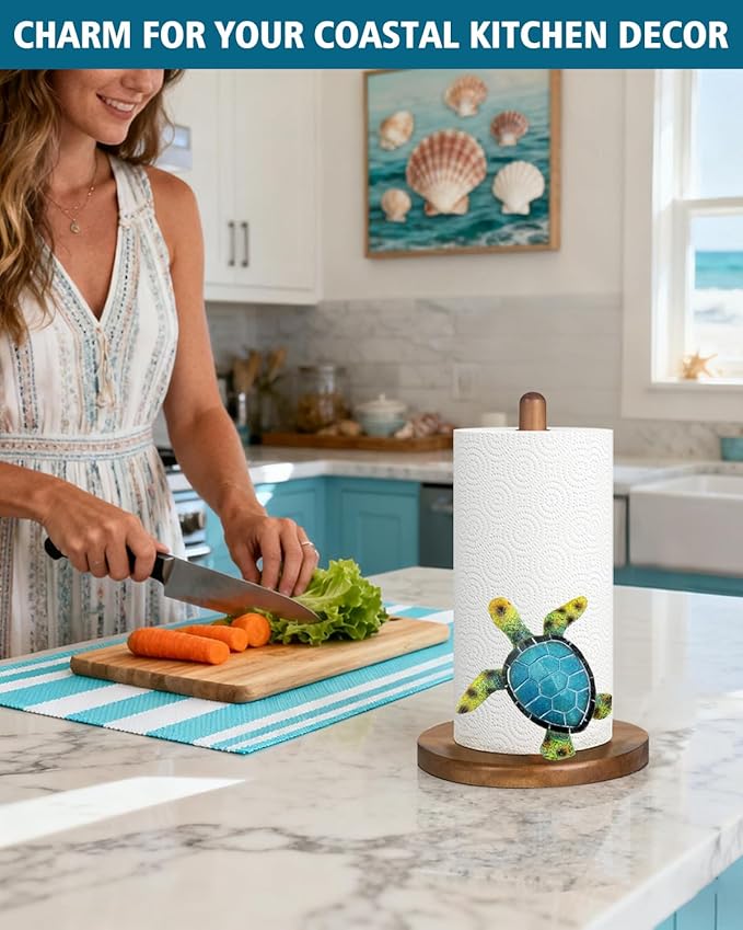 Green Turtle Paper Towel Holder, Coastal Beach Ocean Home Decor for Kitchen Bathroom Countertop, 3D Sea Turtle Gifts for Women